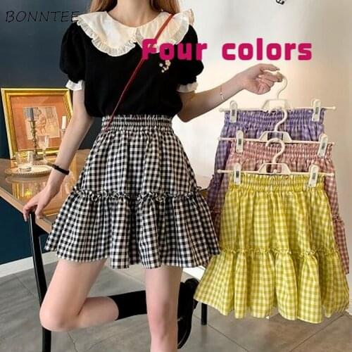 Women Skirts Plaid Basic Student Sweet Girl Korean Style Patchwork Girlish Casual Streetwear Mini All Match Vintage Femme Chic