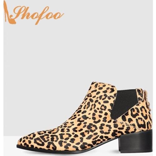 Shofoo Gold Leopard Pointed Toe Ankle Boots Woman Med chunky Heels Elastic Band Large Size 13 15 Female Winter Booties Shoes