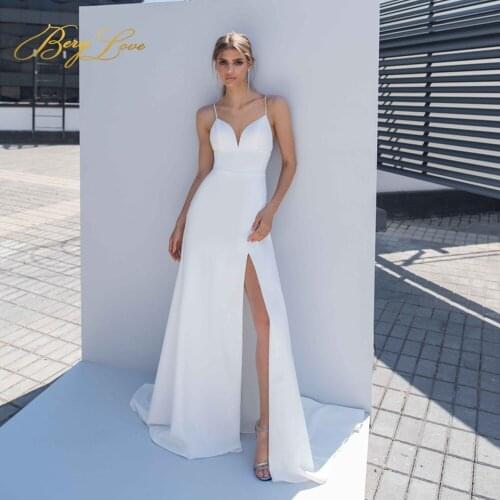 Berylove A Line Wedding Reception Dress White Satin Spaghetti Strap Wedding Gown Elegant Court Train Side Split Beach Dresses