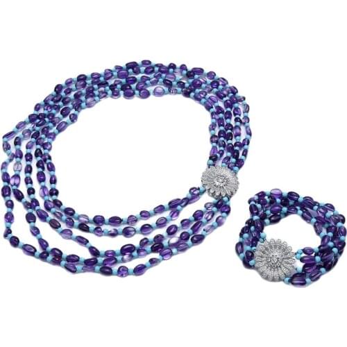 GG Jewelry 5 Strands Natural Purple Amethysts Blue Turquoises Necklace Bracelet Sets CZ Clasp Handmade For Women