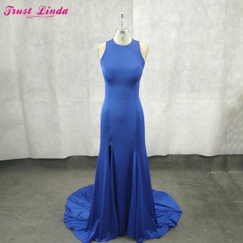 Sexy Royal Blue Sleeveless O-Neck Bridesmaid Dresses Sexy Mermaid High Slit Party Gowns