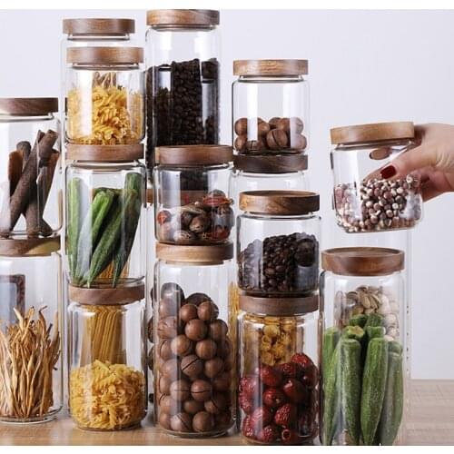 3 Pcs Wood Lid Glass Airtight Canister Kitchen Storage Bottles Jars Food Container Grains Tea Coffee Beans Grains Jar