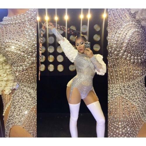 Free Shipping Silver Rhinestones Beyonce bodysuit long Sleeves Stretch Sexy Bodysuit Party Celebrate Nightlcub outfit