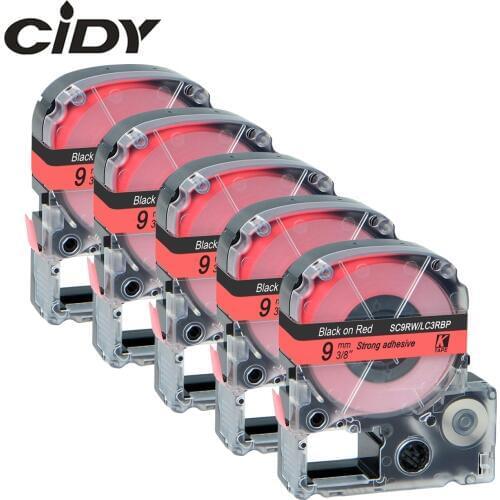 CIDY 5pcs SC9RW LC-3RBP Compatible 9mm Black on Red LC3RBP9 label tape SS9KW for KingJim label machine LW700 LW400 LW800 SR530C
