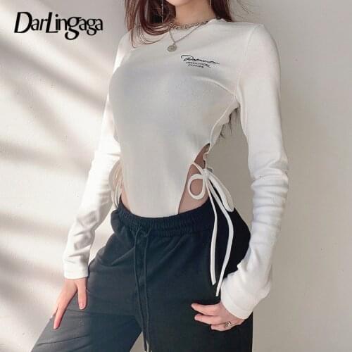Darlingaga Casual Lace Up Letter Print High Waist White Bodysuit Women Long Sleeve Skinny Body Ladies Autumn Bodysuits Jumpsuit