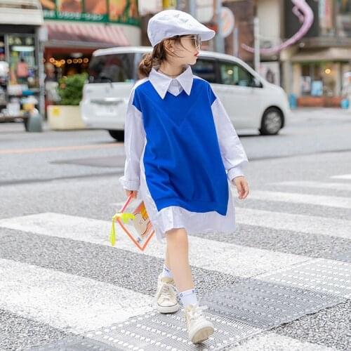 YWSTT Kids Loose Long Shirt 2021 Spring New Childrens Cotton Stitching Top Teen School Shirt Dress