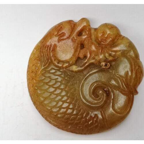 YIZHU CULTUER ART Collection Old China Natural Hand Carved Auspicious Fish Boy Amulet Pendant