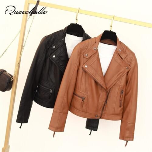 New Women Spring Autumn Black Soft Faux Leather Jackets Zipper Slim Basic Coat Turn-down Collar Motor Biker Jacket Fashion
