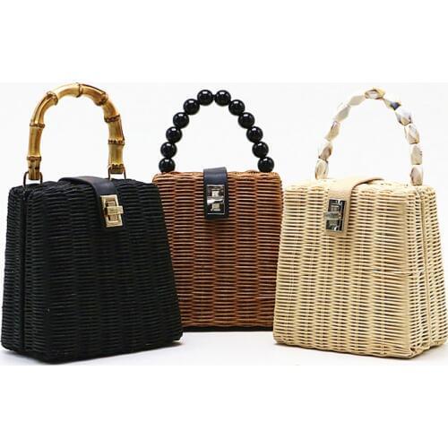 Small box beads black white straw bag portable Messenger handmade beach bag