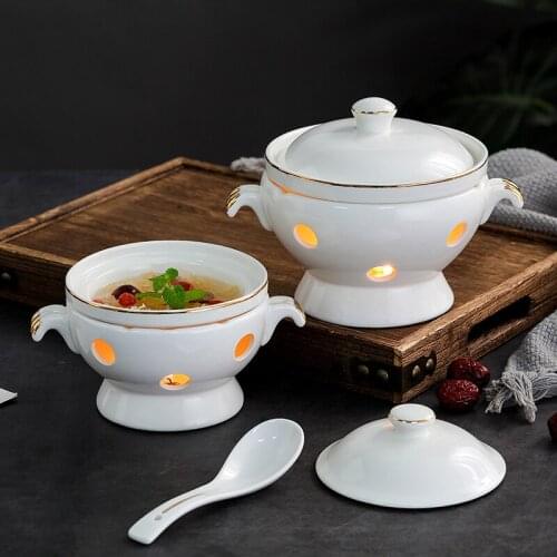 Birds nest Bowl Candle heated stew cup ceramic dessert bowl European double ear soup bowl with gold edge hotel tableware