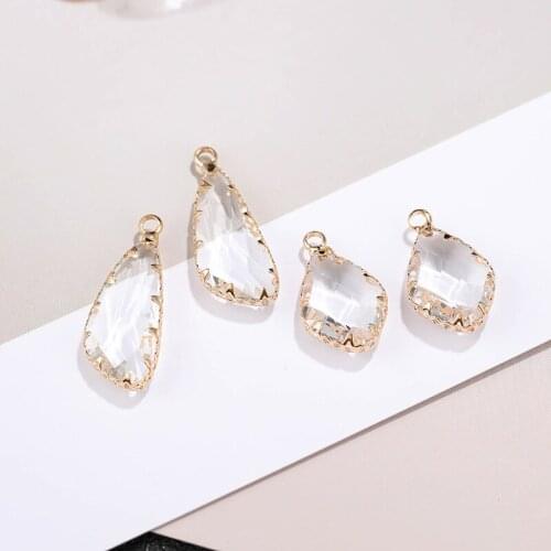 Copper 14K Real Gold Plated Geometric Irregular Transparent Crystal Charms 6pcs/lot For DIY Jewelry Earring Making Accessories