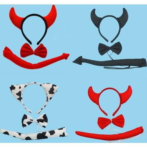 Animal Devil Horn Headband Bow Tail Halloween Party Performance Cosplay Prop 3Pcs for Child Adult Birthday Halloween Party Favor
