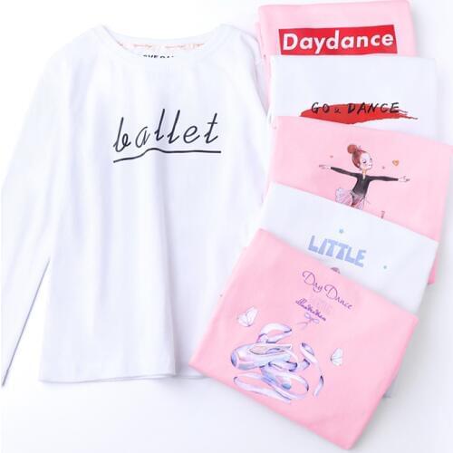 Cotton Ballet T-shirt Girls Dance Tops Ballerina Practice Costume Long Sleeve O-neck Kids Print Dance Wear White Pink T-shirt
