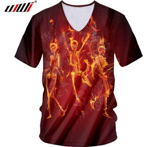 UJWI New Funny Shine V Neck Tshirt 3D Printed Man Interesting Tee Shirt Black Red Creative Dance Flame Skulls Mens T-shirt