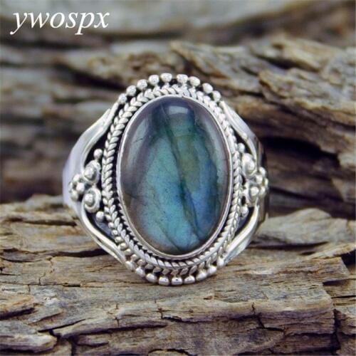 YWOSPX Vintage Anel Imitation Moonstone Silver Color Rings for Women Jewelry Wedding Anillos Engagement Statement Ring Gifts