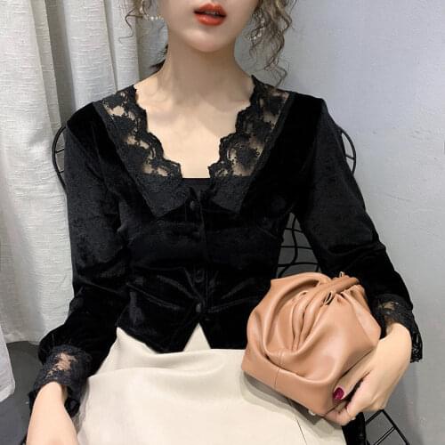 Blouse Women Lace V-neck Short Gold Velvet Bottoming Shirt Womens Top Blusas Ropa De Mujer