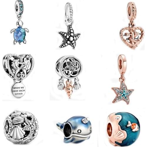 Summer Free Shipping 925 Sterling Silver Seashell Starfish Narwhal pan Charm Fit Original Bracelets For Women DIY Jewelry