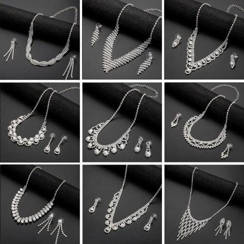 Luxurious Crystal Wedding Necklaces Earrings Jewelry Sets for Bridal Bridesmaid Jewellery Geometry Earring for Women Gift