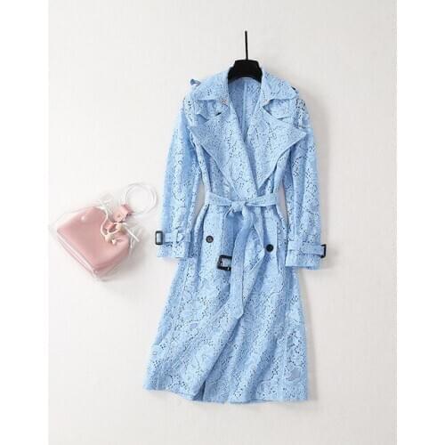2020 New Fashion Womens Casual Coat High Quality Lace Hollow Out Long Trench Spring Autumn Ladies Outerwear Female