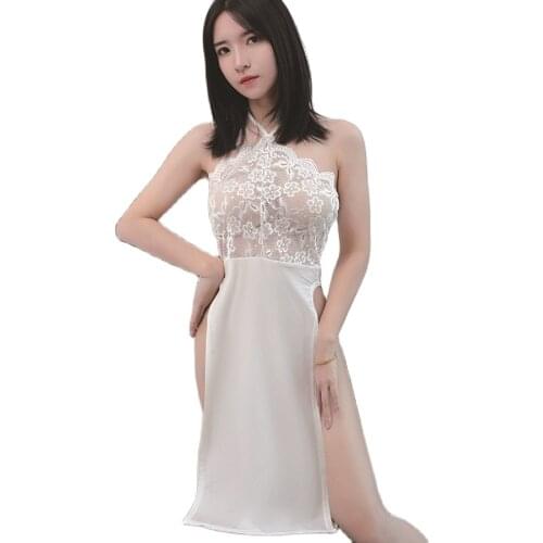 Woman Sex Appeal Lace Stitching Halterneck Dress Pajama Tulle Strapless High Split Qipao Style Skirt Sexy Girl One-Piece Dress