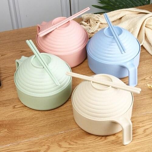 1Set Noodles Bowl with Lid Handle Dinnerware Wheat Straw Style Soup Bowl Microwavable Bowl Electric Lunch Box Food Container