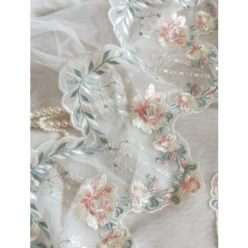 2 Yards Lace Trim Pink Green Floral Embroidered Lace 4.72 Inches Wide High Quality