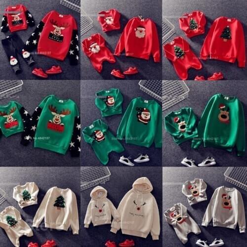 2021 Christmas Family Matching Clothes Winter Cotton Warm Thick Elf Deer Print Sweaters Xmas New Year Family Look Outfits