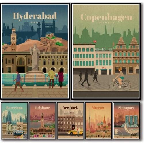 50 Designs Minimalist Traveltastic Kraftpaper Poster City&Landscape Painting Funny Fancy Wall Sticker for Coffee House Bar