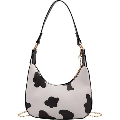 White and Black Pu Leather Tote Zipper Chain Bag Milk Dairy Cow Grain Pattern Printed Handbag Purse Set for Women