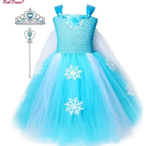 Kids Girls Tutu Dresses for Cosplay Party Snow Princess Blue Toddler Baby Girls Clothes Birthday Dresses