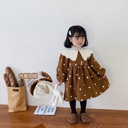 Winter fashion girls dot cute turn-down collar double layer princess dresses baby girl thick warm casual dress
