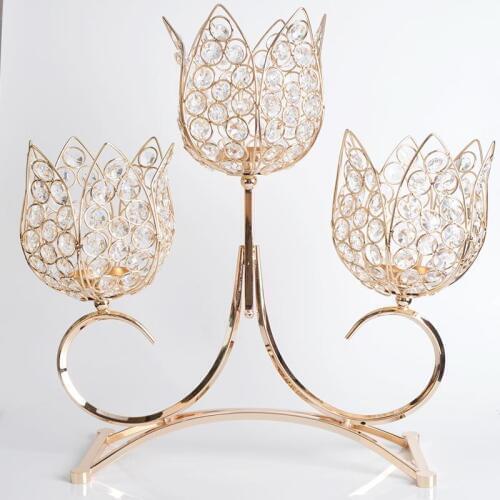 Hotsale Metal Gold 3-Heads Candle Holder Crystal candelabras 42cm Tall Wedding Event Centerpiece Wedding Decoration Candlestick