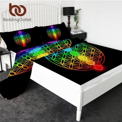 BeddingOutlet Chakra Bed Sheet Set Zen Theme Fitted Sheet Colorful Flat Sheet 4pcs Flower of Life Bedding Mandala drap de lit
