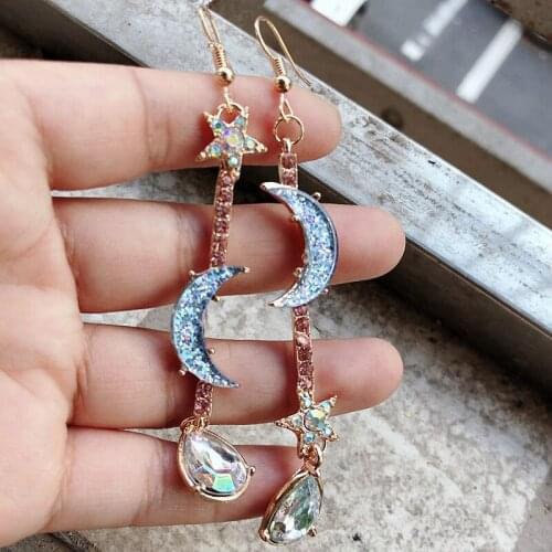 Fashion Zircon Water Drop Earrings For Women Gold Color Boho Jewelry Star Sun Moon Hyperbolic Asymmetrical Long Pendant Earrings