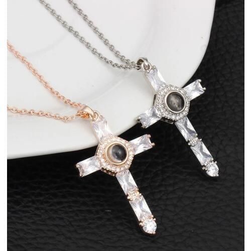 100 Languages I Love You Projection Necklaces Cross Pendant Copper Material Necklace Chain for Women Girls Choker Jewelry Gift