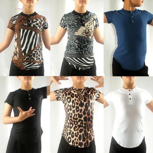 Latin Shirt Boys Summer Short Sleeve Fashion Leopard Print Top Kids Tango Salsa Cha Cha Rumba Samba Practice Dancewear DNV11880