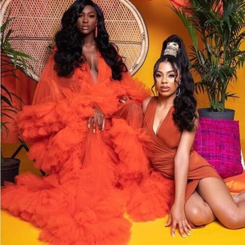 Chic Red Ruffles Tulle Long Robe Sexy See Thru A-line Long Women Dresses Puff Sleeves Bridal Night Gowns Baby Shower Dress