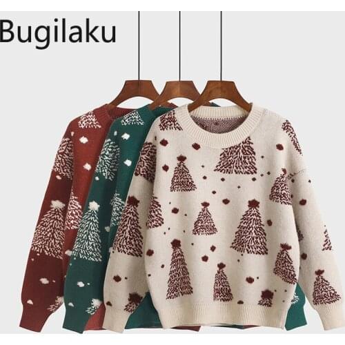 Bugilaku Red Christmas Sweater Female Autumn New Loose O Neck Long Sleeve Thickened Knit Pullover Jumpers Vintage Pull Femme