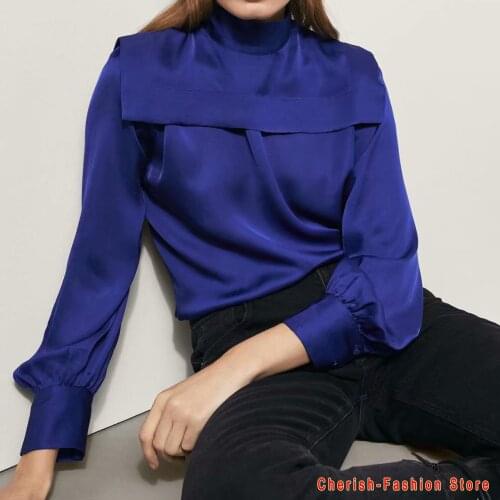 2021 Women Blue Blouse Women Autumn Winter Silk Blouses Stand Collar Shirts Office Work Blouse Solid Vintage Blouse Shirts Tops