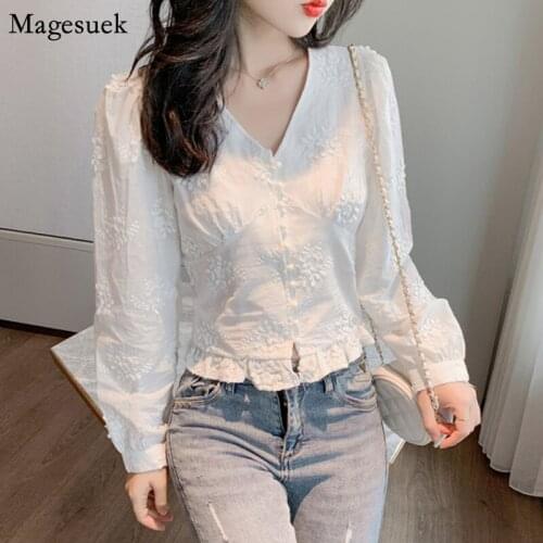 Spring Chic Vintage V Neck Blouse Women White Embroidery Long Sleeve Button Womens Shirt Tops Korean Short Blouses Woman 10536