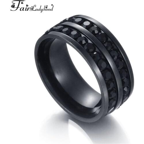 FairLadyHood Two Row Crystal Ring For Women Black Stainless Steel Color Stainless Steel Wedding Engagement Bands Rings Femme
