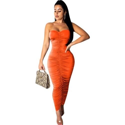 2019 Sexy Elegant Strapless Bodycon Dress Women Off Shoulder Ruched Ankle-length Long Dress Stretch Backless Club Party Dresses