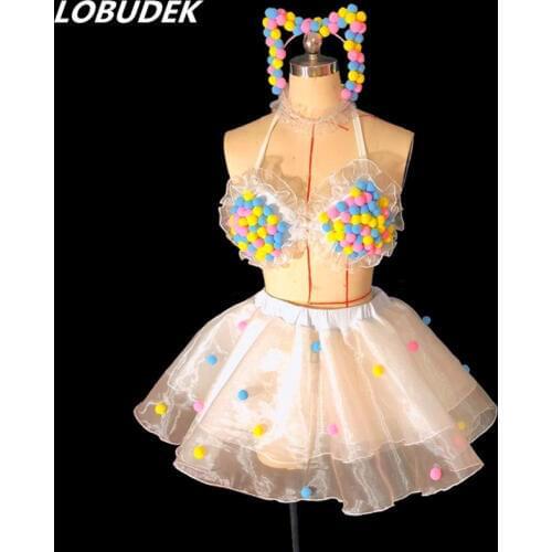 Sparkly Lovely Bikini Fluffy ball Sexy performance clothes Bra Ladies Nightclub Jazz show Costumes dancer singer party show