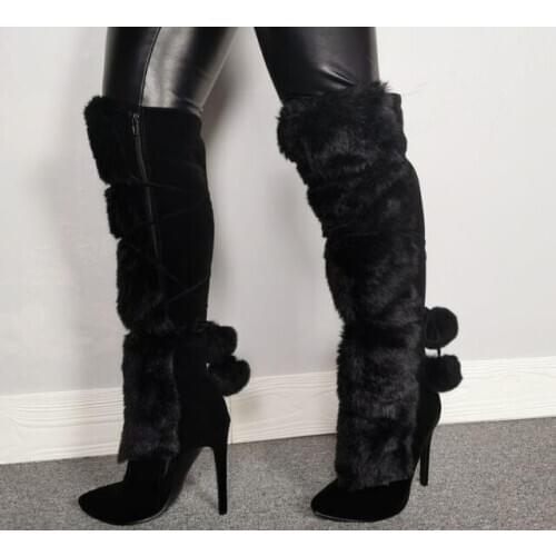 Linamong Elegant Lady Black Ball Fur Long Boots Women Pointed Toe Cross tied Stiletto Heel Knee High Boots Warm Winter Boots