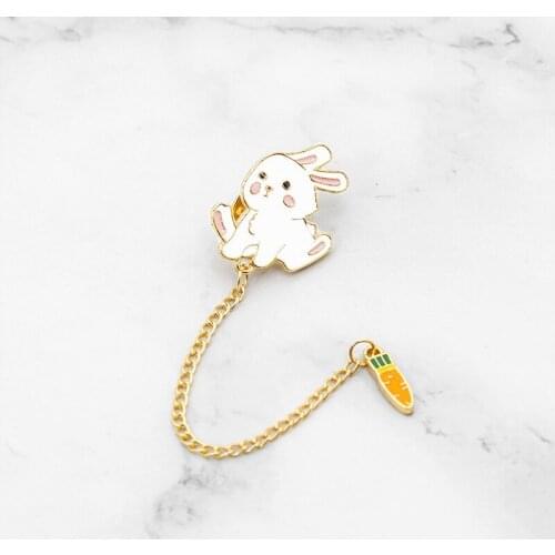 Cartoon Rabbit Carrot Chain Brooch for Women Kids Creative Enamel Lapel Pin Jewelry Shirt Backpack Button Pins Badge Accessories