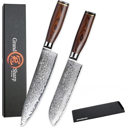 GRANDSHARP 2-Piece Damascus Knife Set 67 Layers Japanese Damascus Steel vg10 Chef Santoku Damascus Kitchen Knives Cleaver Gift
