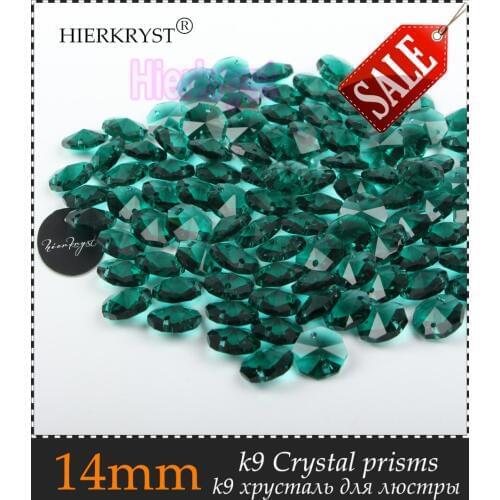 HIERKRYST 100 pcs 14 mm Octagon Beads Crystal Glass Chandelier Parts Rainbows Maker Prisms Pendants Connectors Hole Green #11