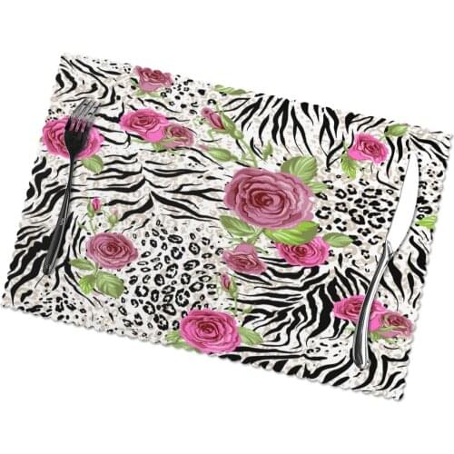 Table Mats Drink Coaster Table Placemats Animal Skin And Roses Coffee Mug Cup Coasters 6 PCS Non-slip Pads