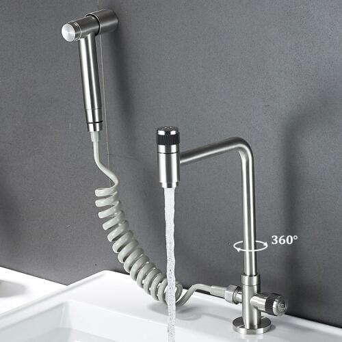 Kitchen Faucet Stainless Steel Single Hole Wash Basin Tap 360 Degree Swivel Spout Sink Tap with Bidet Sprayer Cold Water Faucet