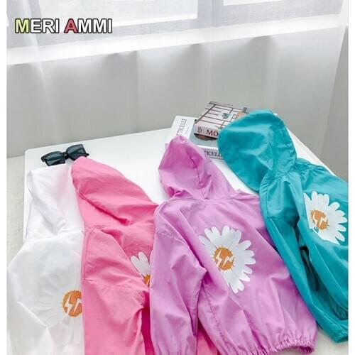 Summer childrens clothing girl flower print hooded zipper jacket anti-UV sunscreen clothing air-conditioned shirt
